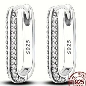 S925 Sterling Silver Trendy Hoop Earrings, White zirconia Decor U-shaped